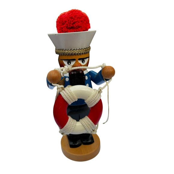 Steinbach's Wooden 12” CHUBBY SAILOR NUTCRACKER Life Saver Tube Pom Pom Hat Vtg - Picture 2 of 9
